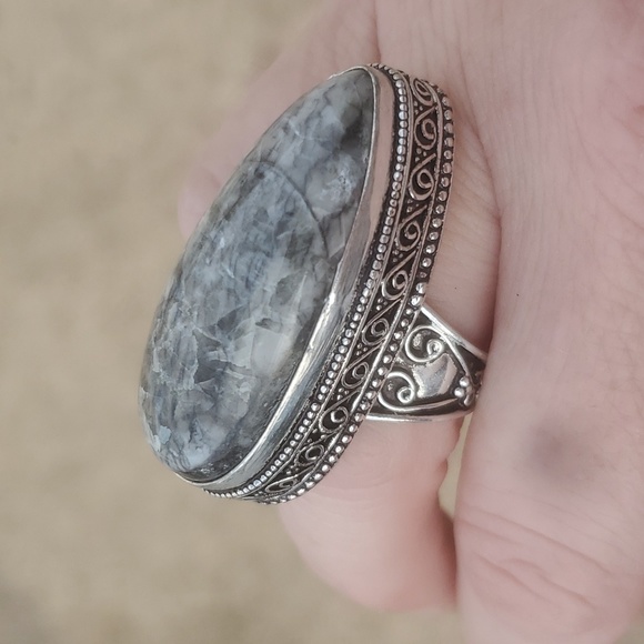 New Oversized Orthoceras Fossil Antique Design 925 Silver Statement Ring. - Picture 12 of 14